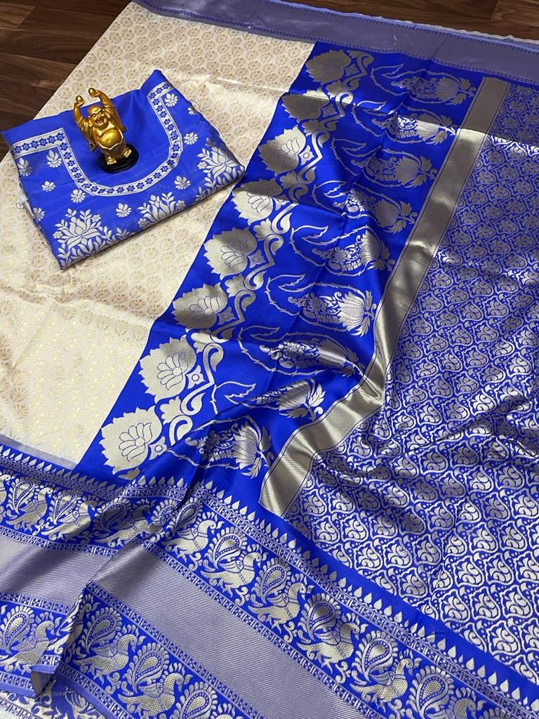 Ivory Silk Saree with Royal Blue Zari Border