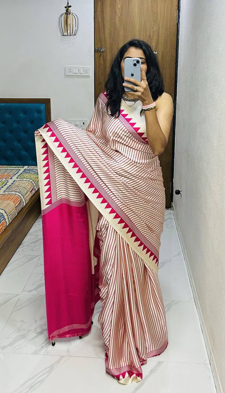 Classic Black & Ivory Striped Saree with Geometric Border