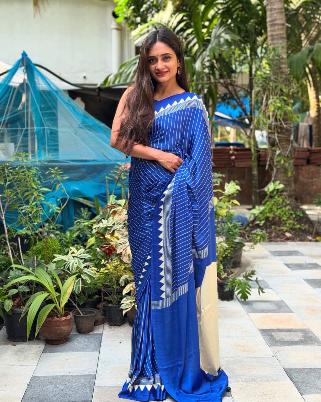 Ethnic Saree Designed with Ajrakh Pattern on Semi Gaji Silk