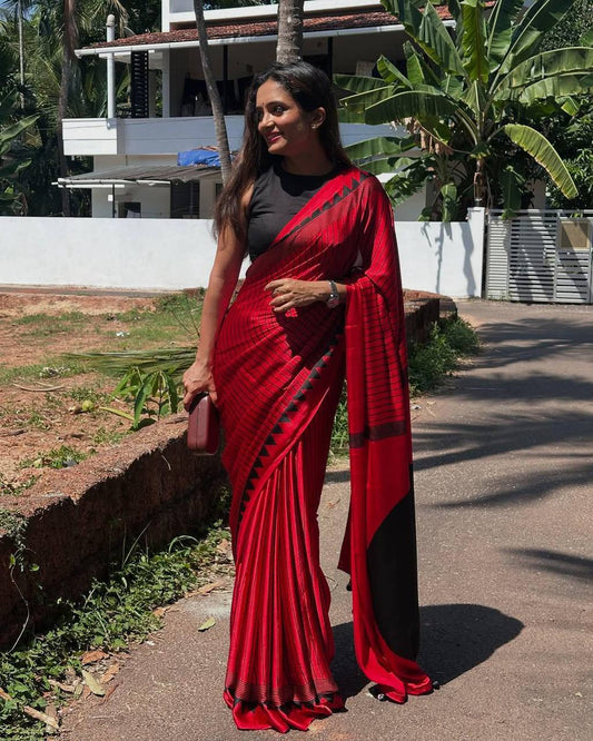 Ethnic Saree Designed with Ajrakh Pattern on Semi Gaji Silk