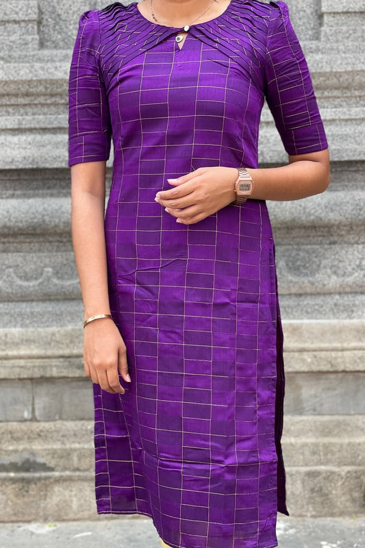 Silk Checks Kurti with Neck Detailing