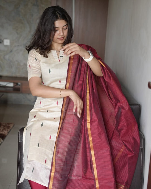 Ivory Ikkat Kurti with Maroon Dupatta