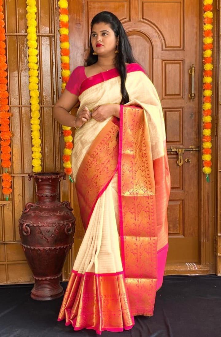 Cream Silk Saree with Orange-Pink Zari Border