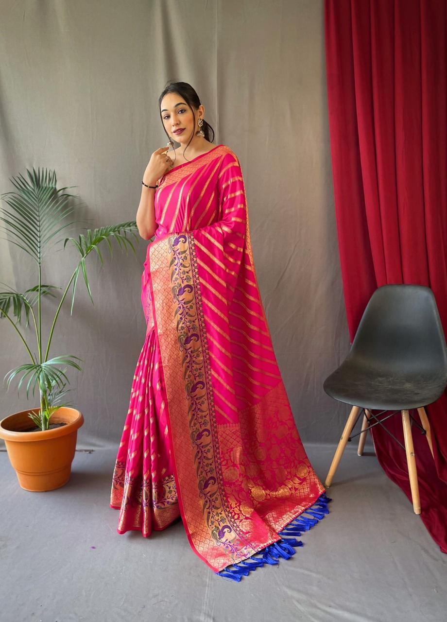 Pure Silk Saree with Gold Zari Zigzag Weave