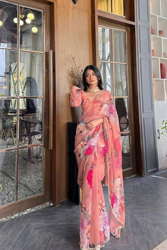 1220-PEACH FLORAL SAREE