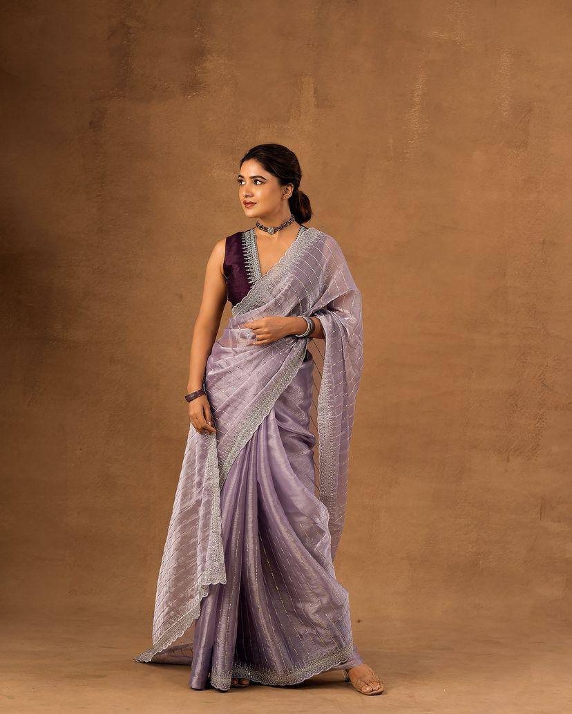 Soft Burberry Fabric Designer Saree with Sequins & Zari Work
