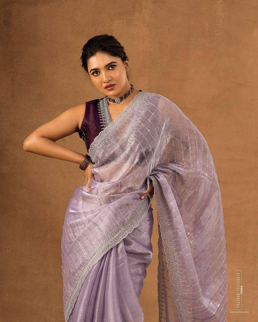 Soft Burberry Fabric Designer Saree with Sequins & Zari Work